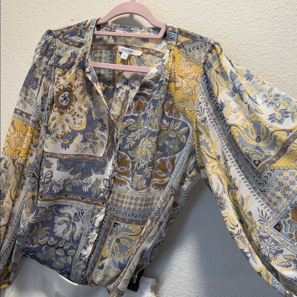 Chico's Women's Patchwork Blouse - Yellow and Gray - image 5